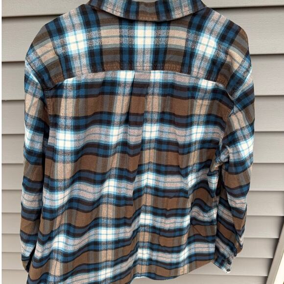 Eddie Bauer XL Classic Fit Plaid Flannel Button Long Sleeve Brown Blue White - Picture 11 of 12